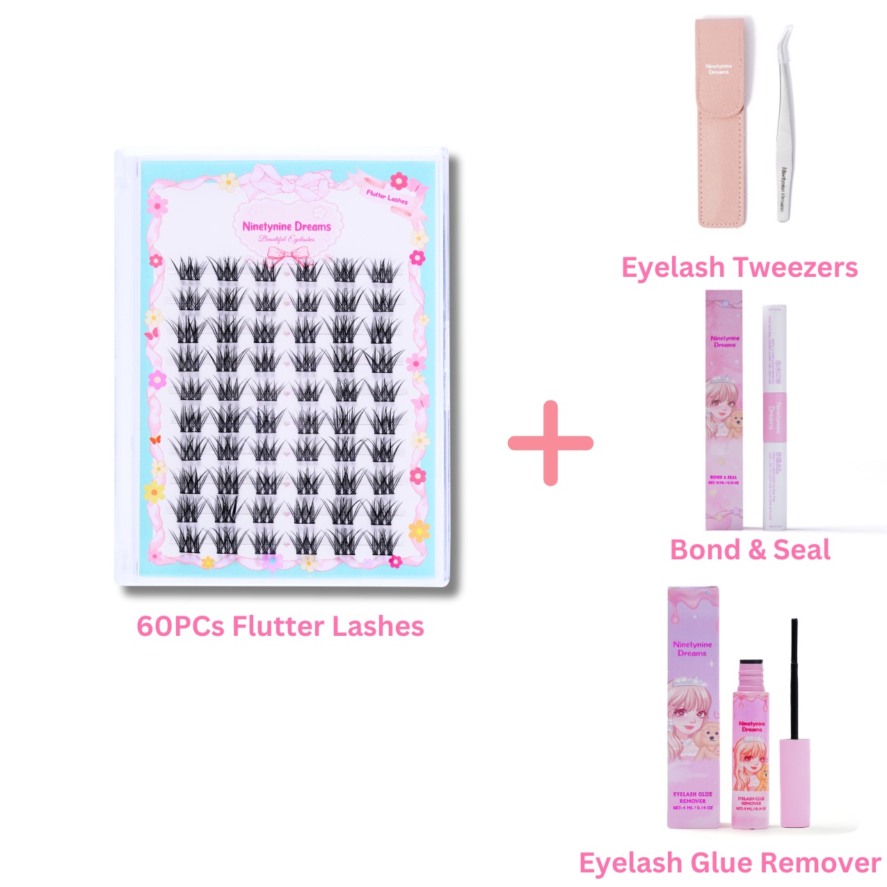 A single pack of 60PCs Flutter Lashes from Ninetynine Dreams, displayed alongside essential lash accessories: tweezers for precise application, Bond & Seal for long-lasting wear, and lash remover for gentle removal. The arrangement showcases a complete lash kit, perfect for effortless application, secure hold, and easy maintenance. The wispy, voluminous lashes pair seamlessly with the tools for a flawless lash routine.