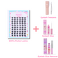 A single pack of 60PCs Flutter Lashes from Ninetynine Dreams, displayed alongside essential lash accessories: tweezers for precise application, lash glue for secure wear, and lash remover for gentle removal. The arrangement highlights a complete lash kit, perfect for effortless application and care. The wispy, voluminous lashes complement the tools for a seamless beauty routine.