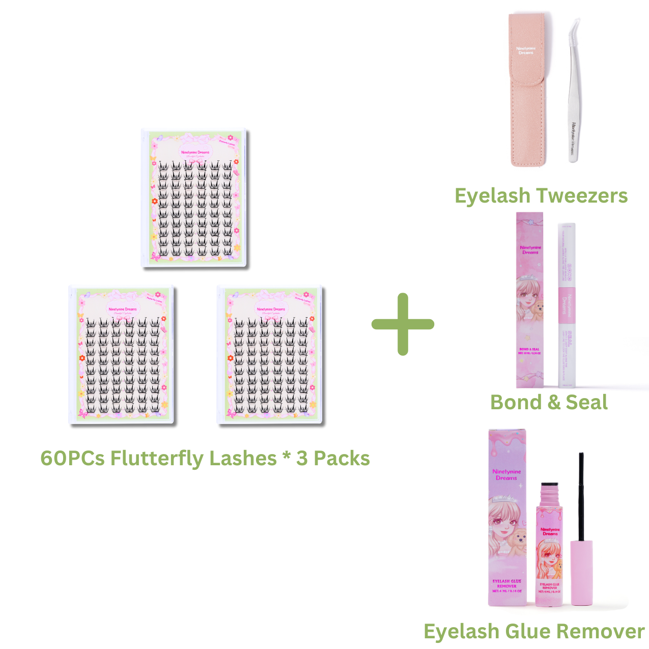 A set of three packs of 60PCs Flutter Lashes from NinetyNine Dreams, displayed with essential lash accessories: tweezers for precise application, Bond & Seal for long-lasting wear, and lash remover for gentle removal. The arrangement highlights a complete lash kit, perfect for achieving a voluminous, fluttery look with effortless application, secure hold, and easy maintenance.