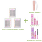 A set of three packs of 60PCs Flutterfly Lashes from Ninetynine Dreams, displayed with essential lash accessories: tweezers for precise application, lash glue for secure hold, and lash remover for easy removal. The arrangement highlights a complete lash kit, perfect for achieving a natural yet voluminous look with effortless application and care.
