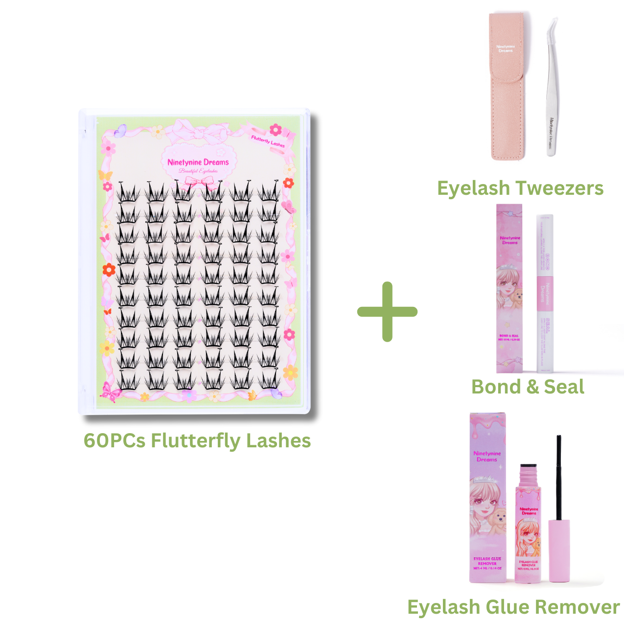  A single pack of 60PCs Flutterfly Lashes from Ninetynine Dreams, displayed alongside essential lash accessories: tweezers for precise application, Bond & Seal for long-lasting wear, and lash remover for gentle removal. The arrangement showcases a complete lash kit, perfect for effortless application, secure hold, and easy maintenance. The wispy, voluminous lashes pair seamlessly with the tools for a flawless lash routine.