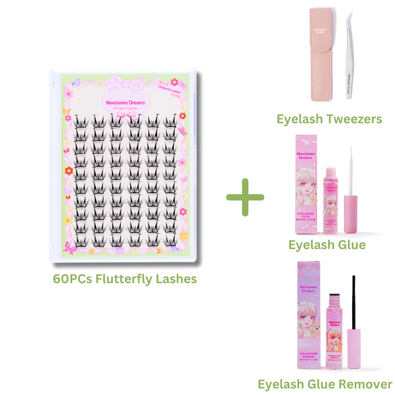 A single pack of 60PCs Flutterfly Lashes from Ninetynine Dreams, displayed alongside essential lash accessories: tweezers for precise application, lash glue for secure wear, and lash remover for gentle removal. The arrangement highlights a complete lash kit, perfect for effortless application and care. The wispy, voluminous lashes complement the tools for a seamless beauty routine.
