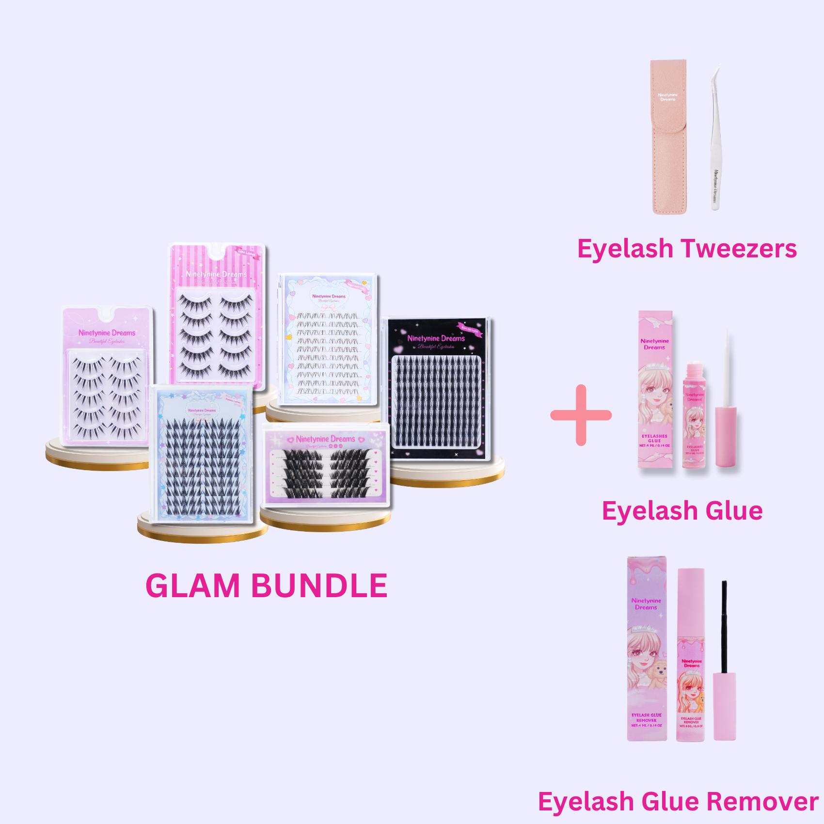 Ninetynine Dreams Glam Bundle featuring all 6 lash styles along with essential accessories—lash tweezers, lash glue, and lash remover. 