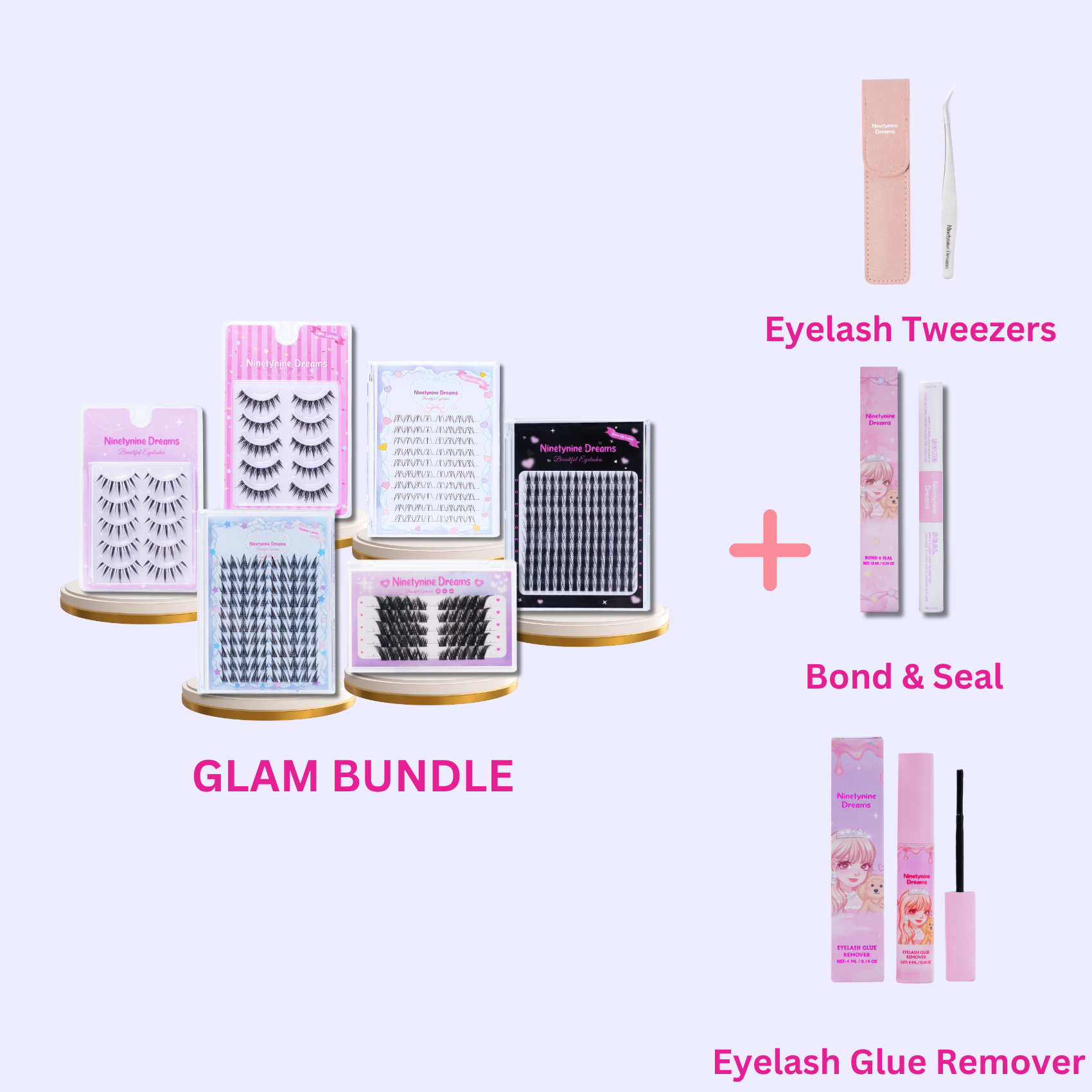 Ninetynine Dreams Glam Lash Bundle featuring all 6 lash styles, along with essential accessories: lash tweezers, Bond and Seal, and lash remover. 