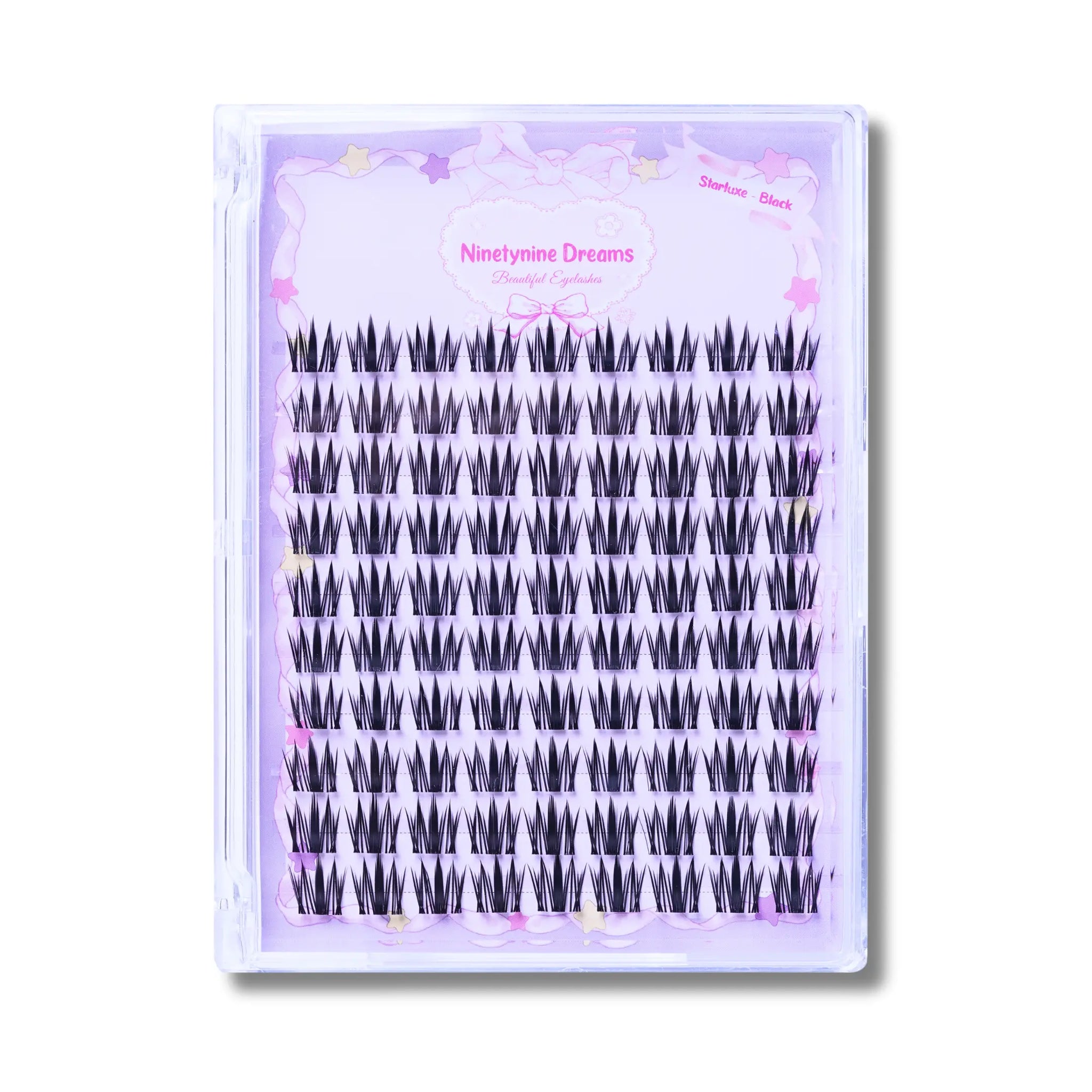 Front view of 90 pieces Starluxe Black individual false lashes, showcasing the deep black color and voluminuous-looking length with a subtle curl, perfect for enhancing everyday eye makeup.