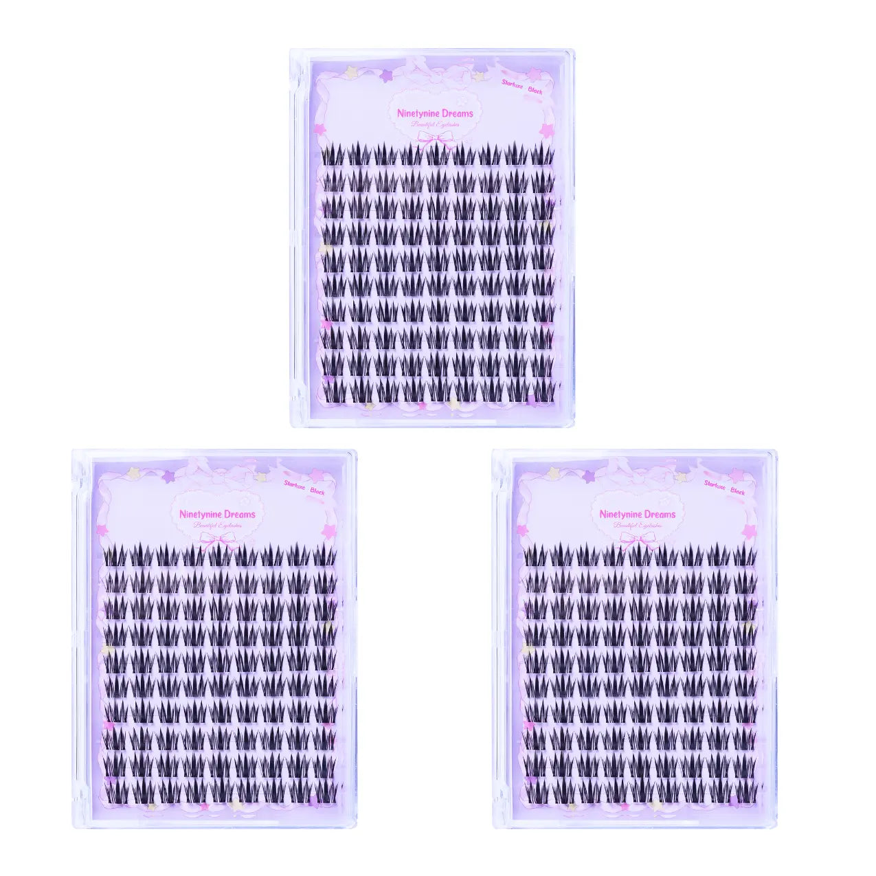 Front view of the 3-pack of 90PCs Starluxe Black lashes, featuring three neatly arranged lash trays with deep black tones and natural curls, displayed in sleek packaging.