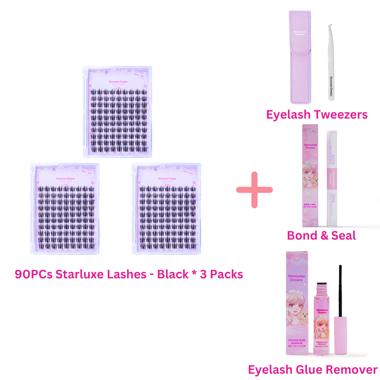 Three packs of 90PCs Starluxe Black lashes displayed alongside purple tweezers, Bond and Seal, and lash remover, showcasing a complete lash application kit with premium lashes and elegant tools.