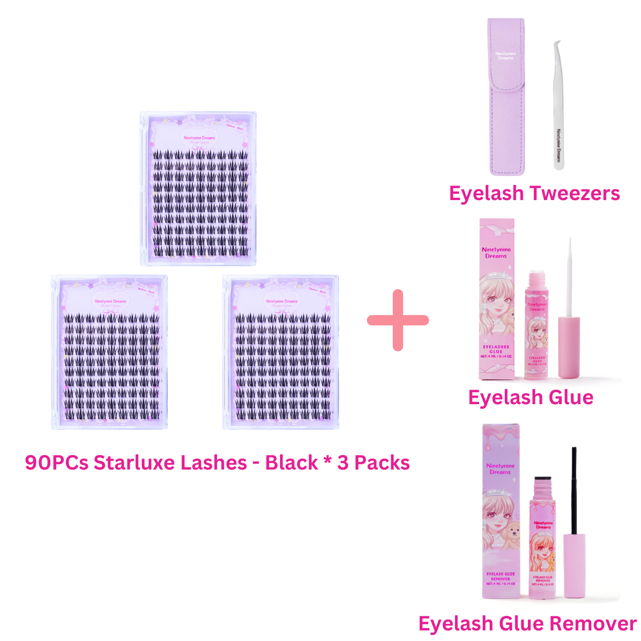 Three packs of 90PCs Starluxe Black lashes displayed alongside purple tweezers, lash glue, and lash remover, showcasing a complete lash application kit with premium lashes and elegant tools.