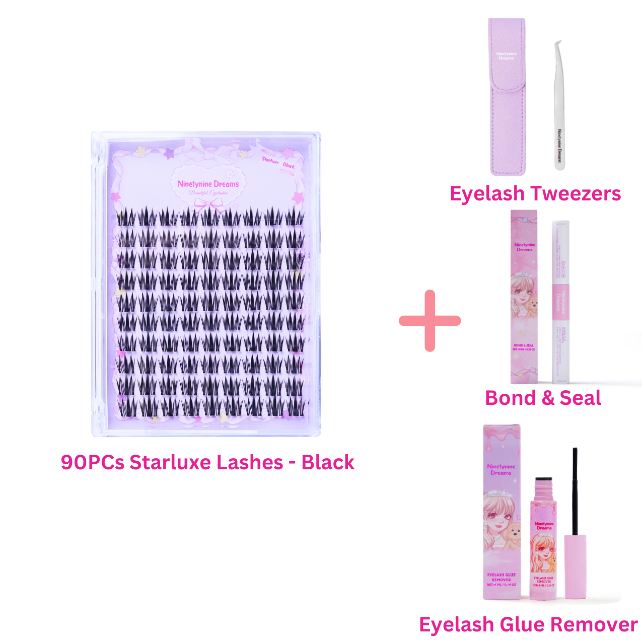 One pack of 90PCs Starluxe Black lashes displayed alongside purple tweezers, Bond and Seal, and lash remover, showcasing a complete lash application kit with elegant tools and premium lashes.