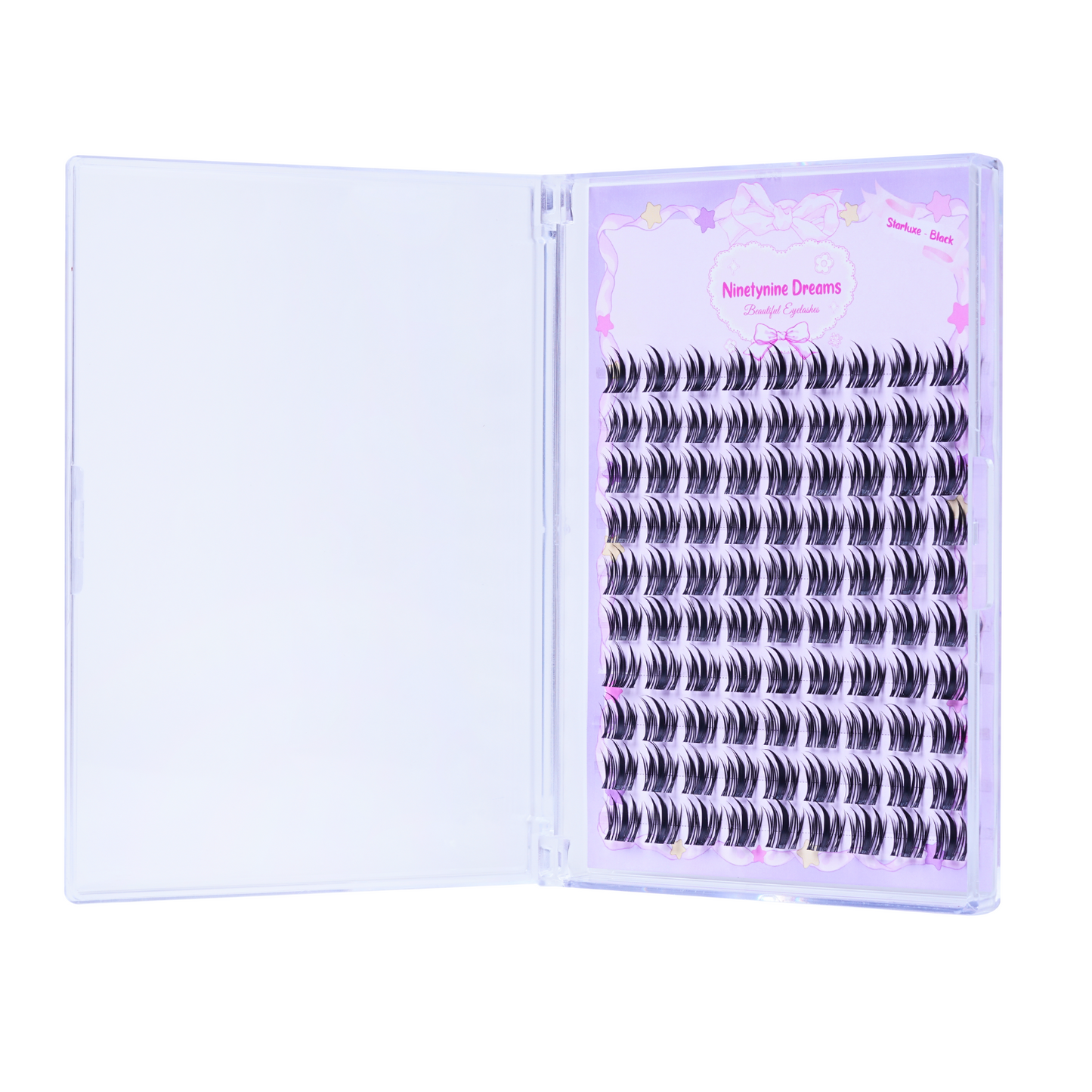 Side view of 90PCs Starluxe Black lashes standing upright next to their open case, highlighting the rich black tint, natural curl, and sleek packaging design.