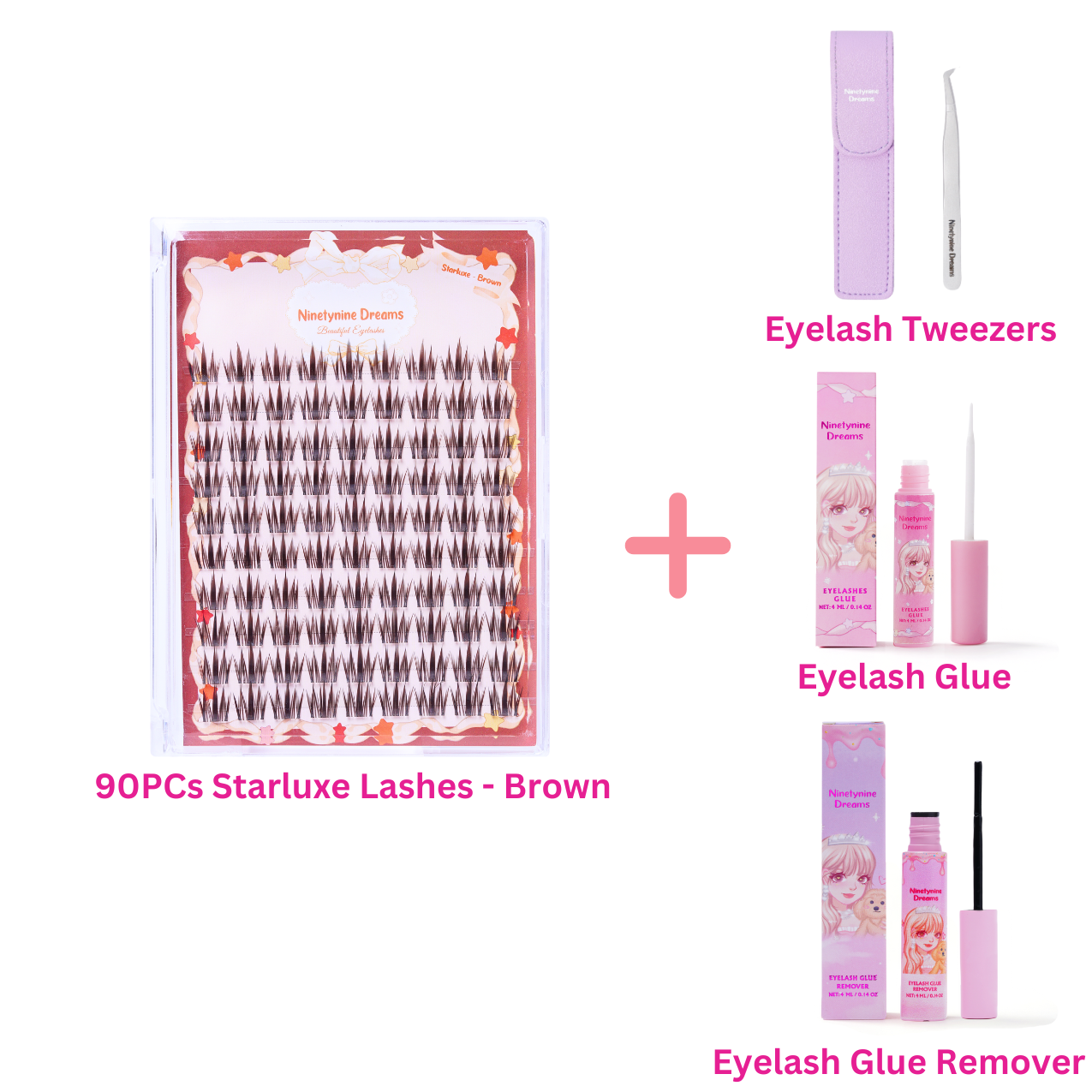 One pack of 90PCs Starluxe Brown lashes displayed alongside purple tweezers, lash glue, and lash remover, showcasing a complete lash application kit with elegant tools and premium lashes.