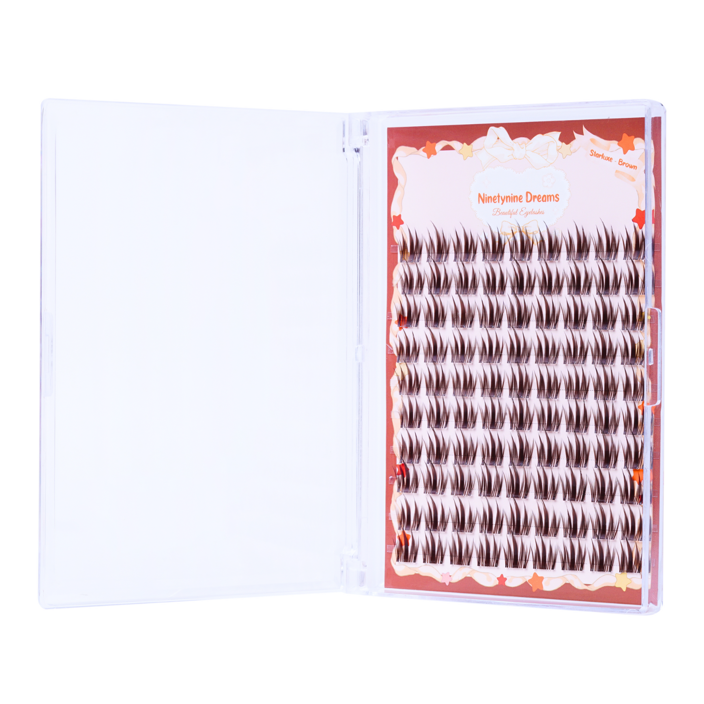 Side view of 90PCs Starluxe Brown lashes standing upright next to their open case, highlighting the brown tint, natural curl, and sleek packaging design.