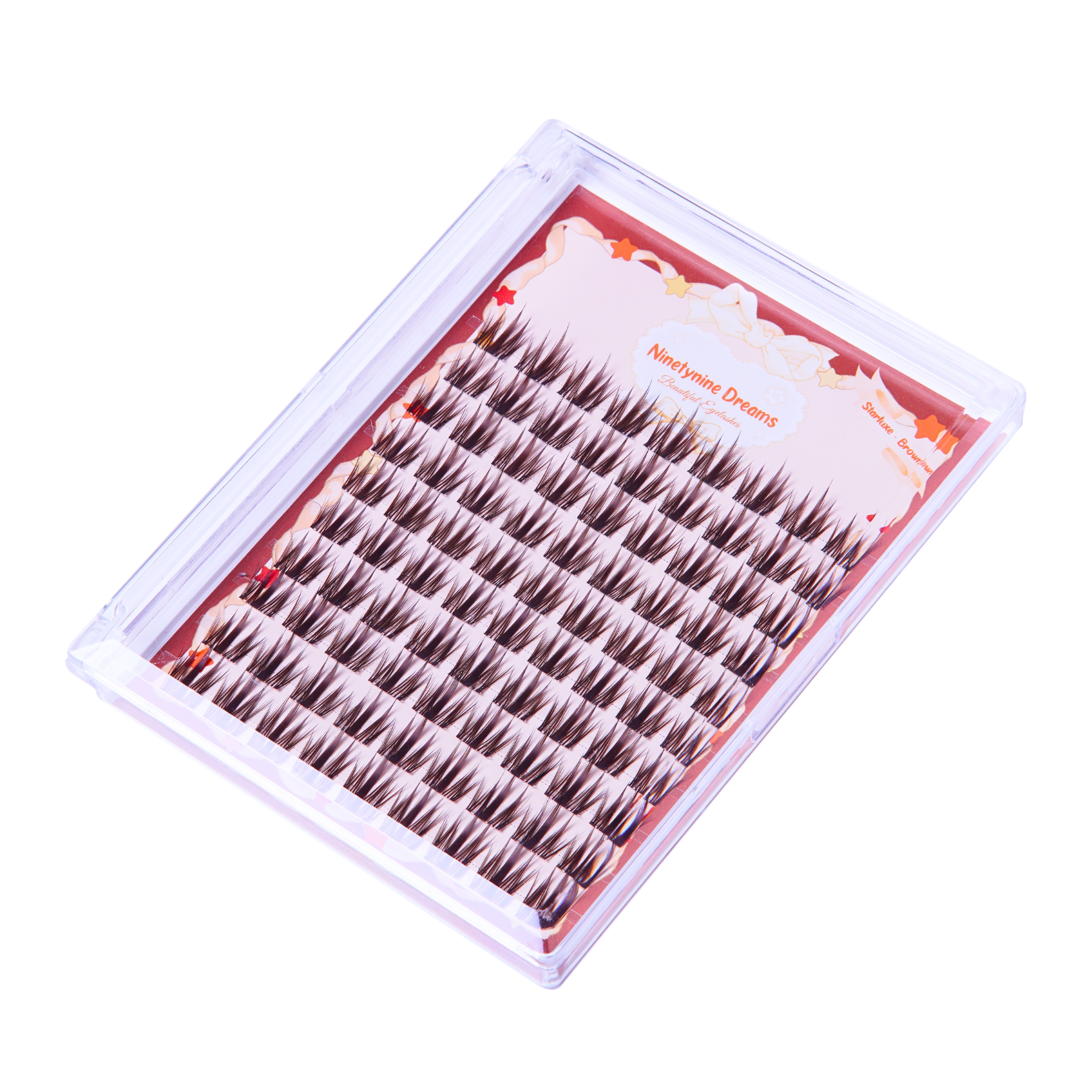 Top-down view of 90PCs Starluxe Brown lashes neatly arranged inside their open case, showcasing the even spacing, rich brown color, and elegant packaging.