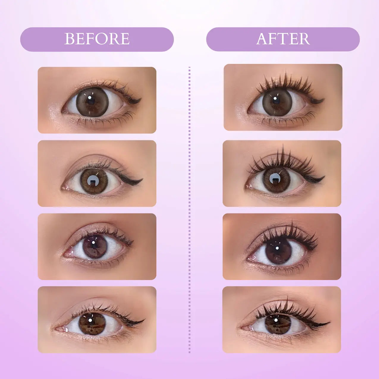 Side-by-side comparison showing the eye before and after applying NinetyNine Dreams’ 90PCs Starluxe Lashes in Brown. The “before” side shows a natural eye without lashes, while the “after” highlights a soft yet defined transformation with warm, wispy lashes that enhance the eye’s shape. The brown tone offers a subtle, natural finish with a lifted C+ curl and spiky design for a dreamy, starry-eyed look.