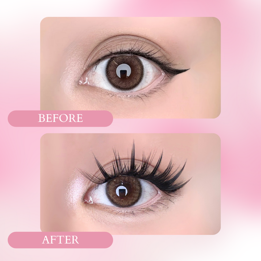Before and after applying Ninetynine Dreams lashes – natural eye vs. eye with dramatic wispy lash extensions