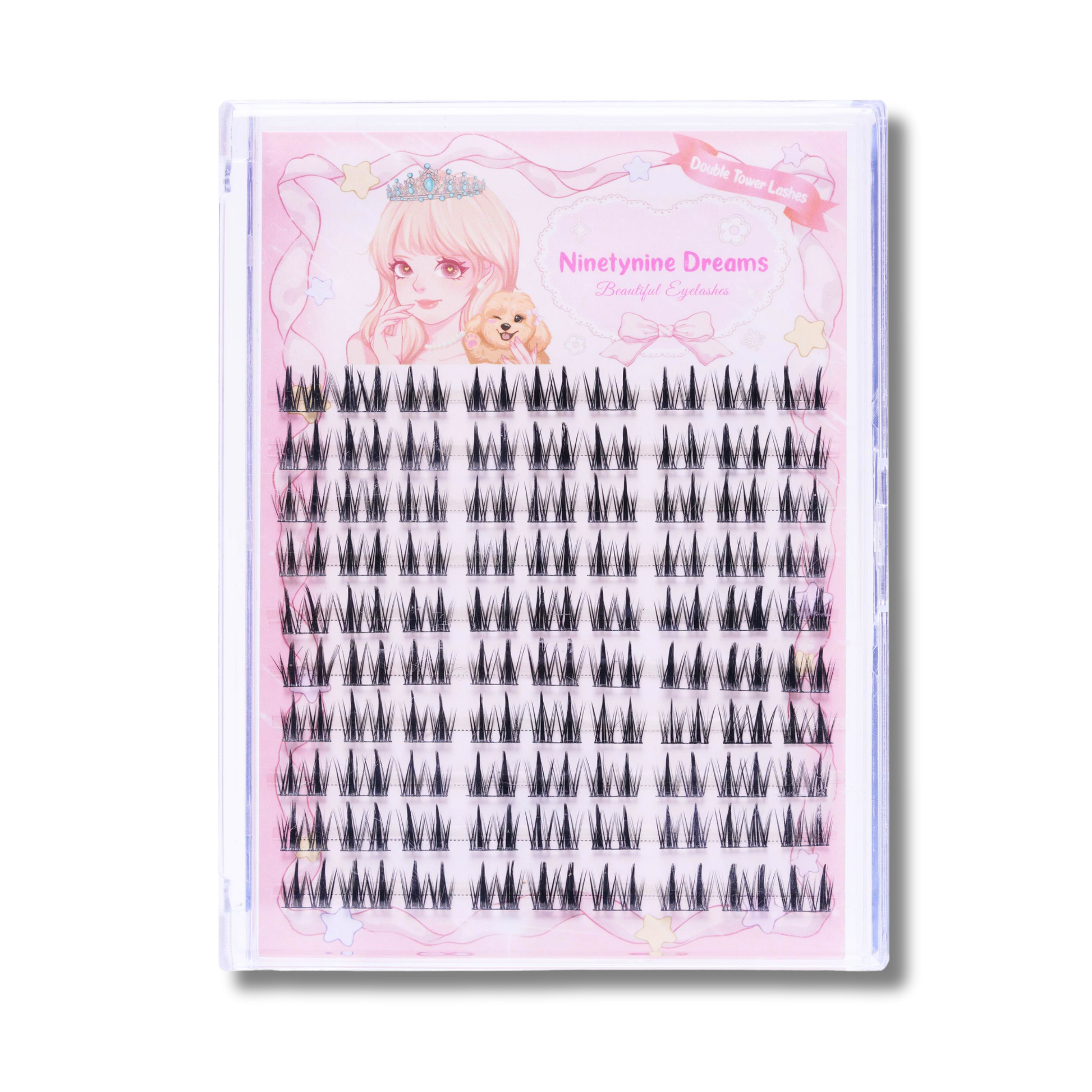 Front view of Ninetynine Dreams Duble Tower Lashes showcasing front of case and lashes