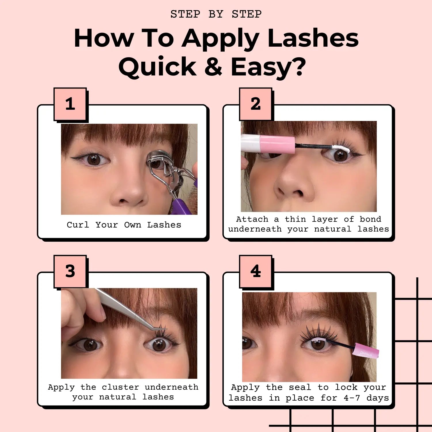 Infographic outlining how to apply false lashes, featuring visual steps: curling your lashes, applying bond, placing the lash along the lash line, and pressing it into place for a secure fit.