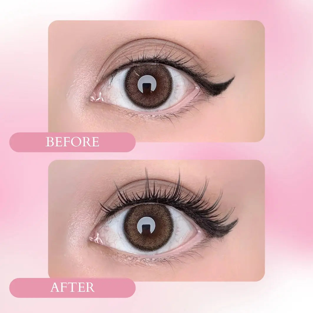 Close-up of an eye showing a dramatic before and after effect of applying Luna Lashes. The 