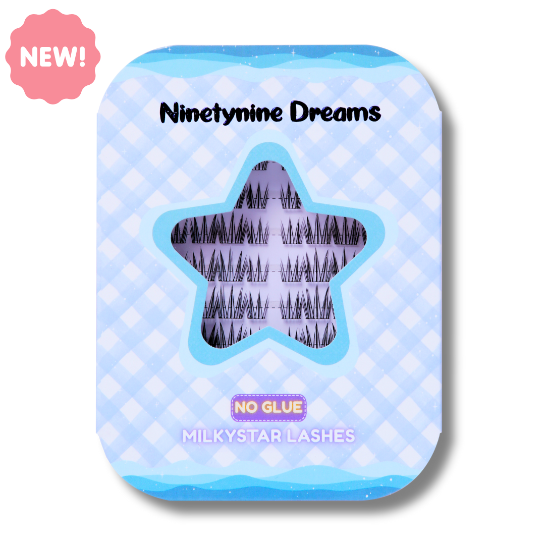 Ninetynine Dreams No Glue Milkystar Lashes packaging with self-adhesive lash clusters