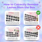 Step-by-step infographic demonstrating how to safely remove Ninetynine Dreams lashes from the case. The guide features clear visuals and instructions, showing gentle lifting techniques to preserve the lash shape and adhesive band. Designed to help users avoid damage and ensure easy application.