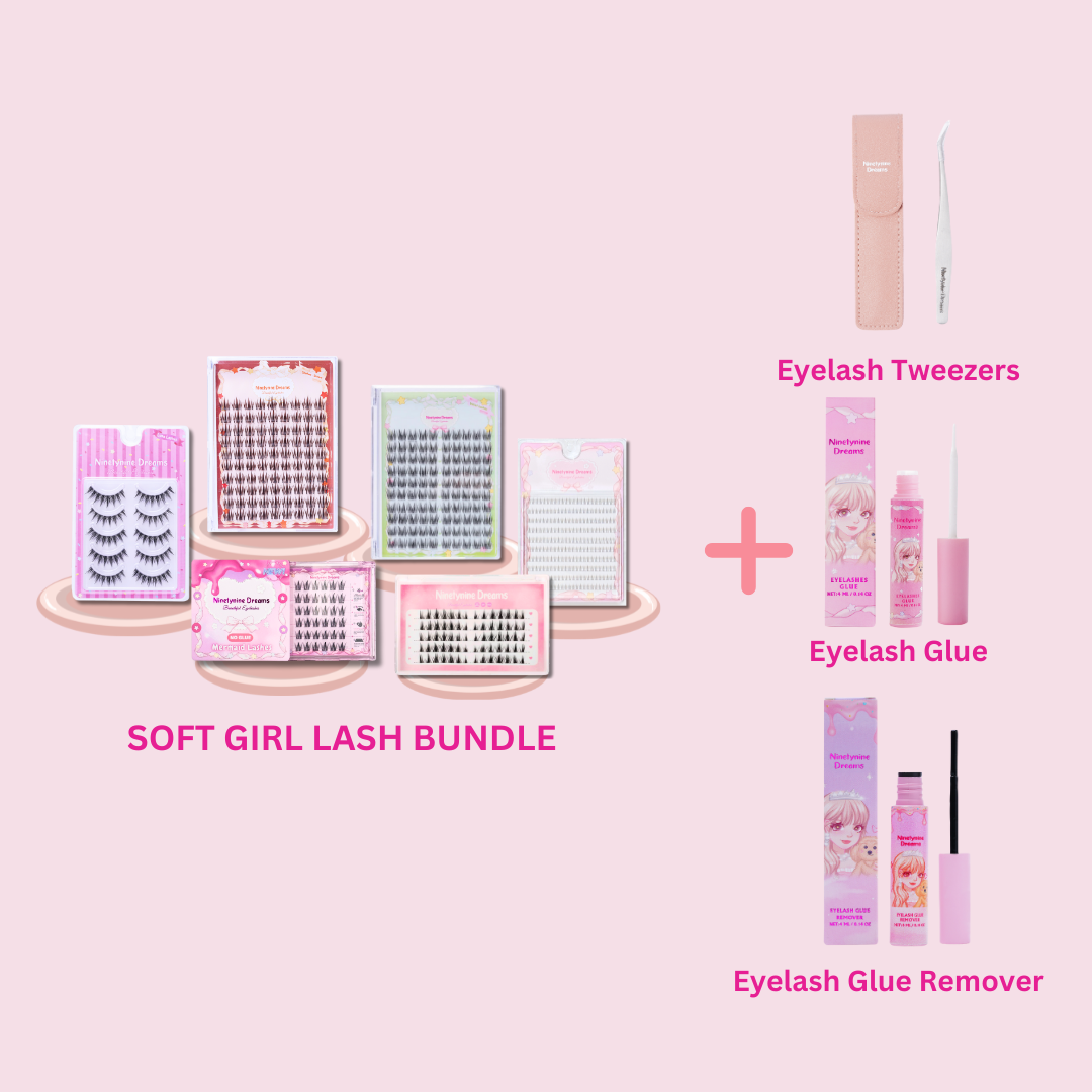 Ninetynine Dreams Soft GirlLash Bundle featuring all 6 lash styles along with essential accessories—lash tweezers, lash glue, and lash remover. 