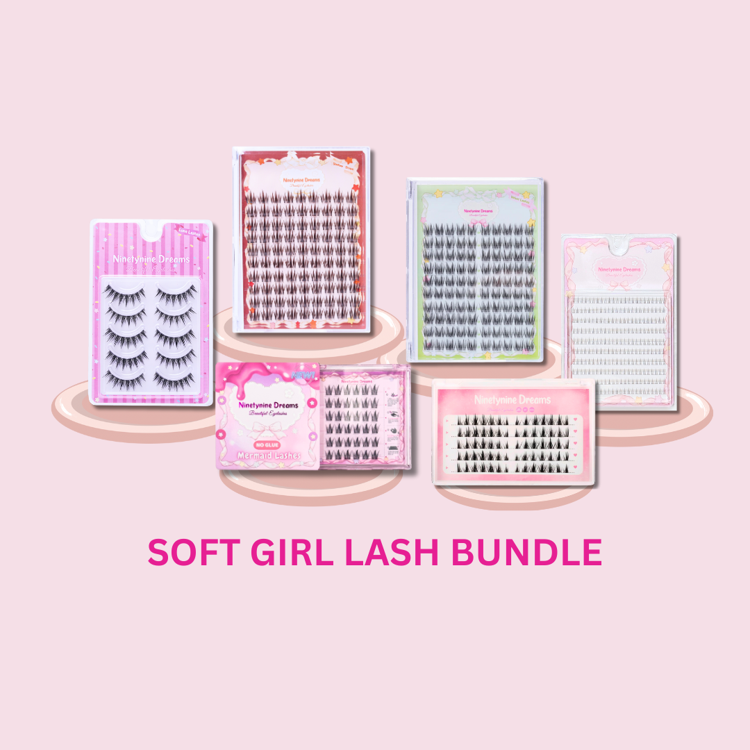 Ninetynine Dreams Soft Girl Lash Bundle, featuring all 6 lash styles included in the seasonal set. The lashes are beautifully arranged together to highlight their unique designs, lengths, and curls—ranging from natural to bold. A perfect showcase of the variety and charm offered in this limited-edition soft girl collection.