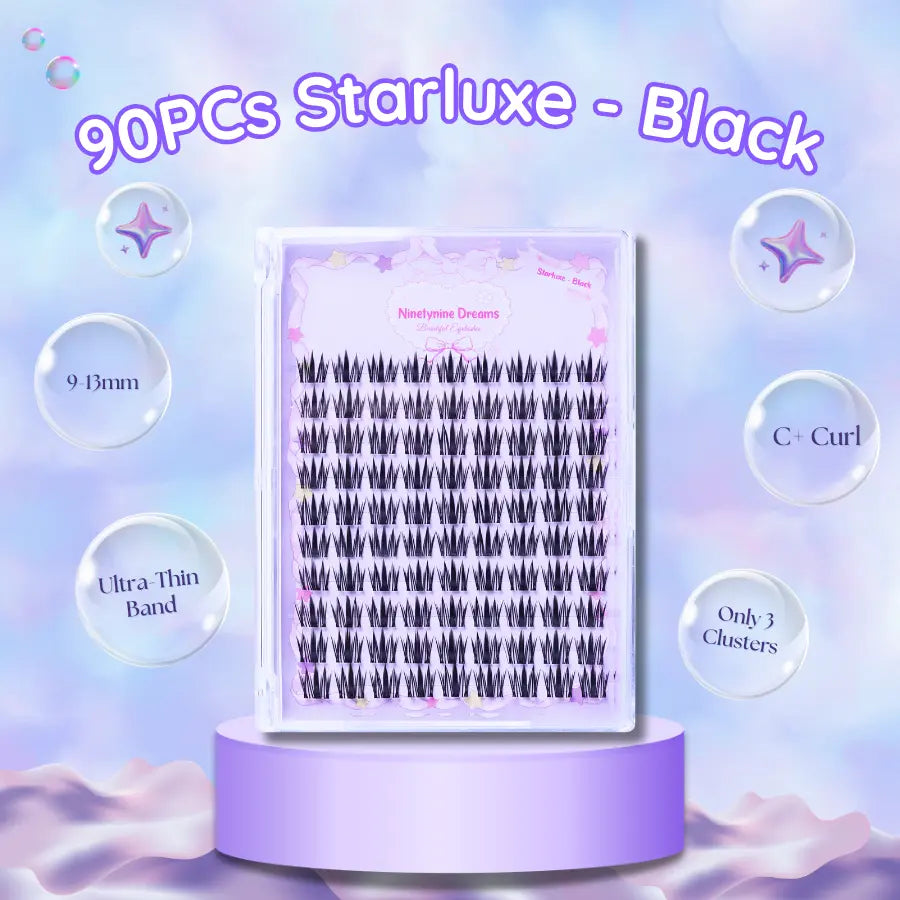 Colorful dreamy purple infographic highlighting the key features of Starluxe Black lashes, including their rich black tone, lightweight synthetic fibers, soft curl, easy application, and long-lasting wear.