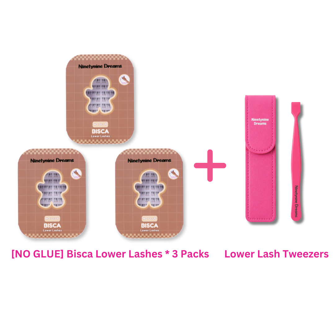 No Glue Bisca Lower Lashes three-pack bundle including precision lash tweezers