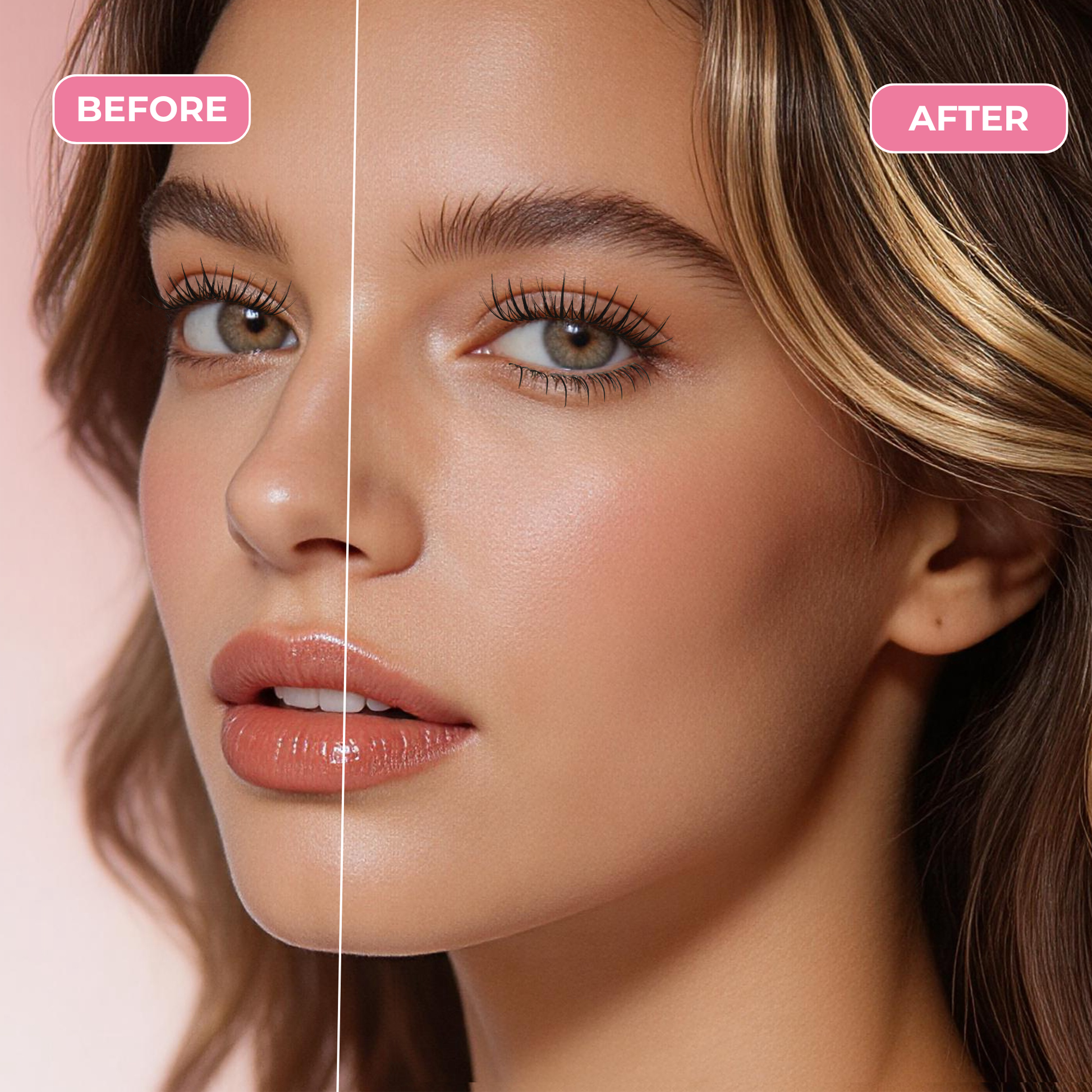 Before and after results showing natural eye enhancement with Bisca Lower Lashes