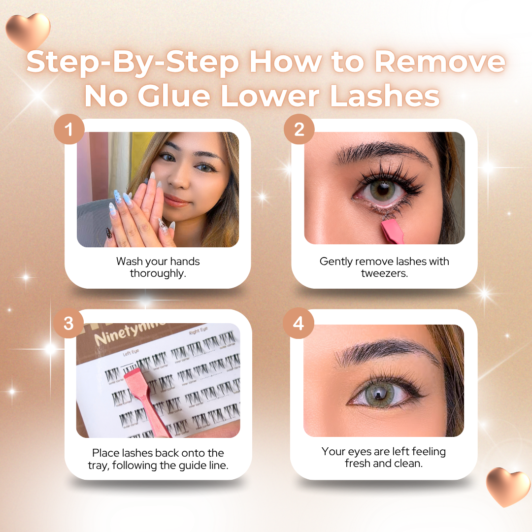 Step-by-step instructions for removing Bisca No Glue Lower Lashes safely.