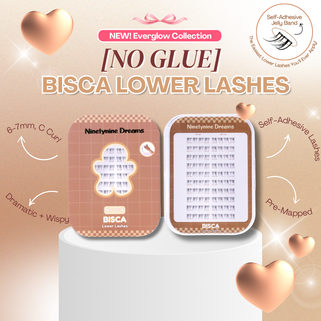 Bisca No Glue Lower Lashes overview showing lash style, reusable lash bands, and product details.