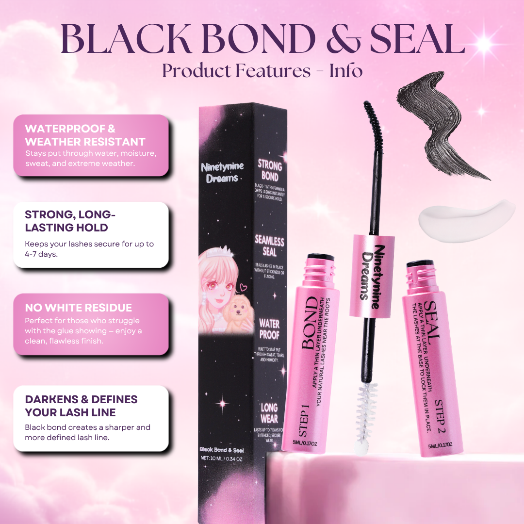 Features of Black Bond & Seal including invisible black finish, long-lasting hold, fast drying, and beginner-friendly application.