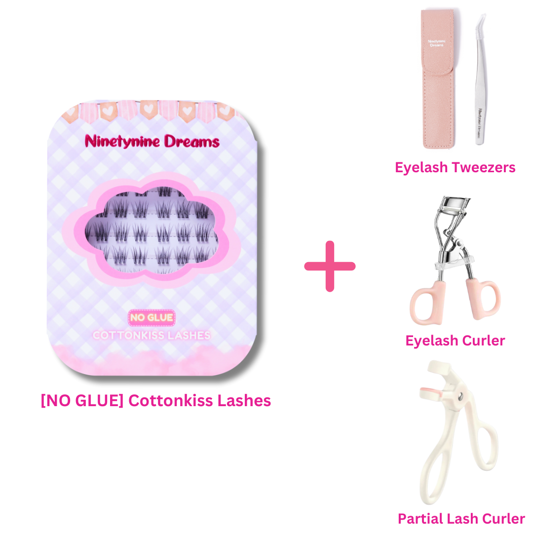 No Glue Cottonkiss Lashes bundle with lash curler and tweezers