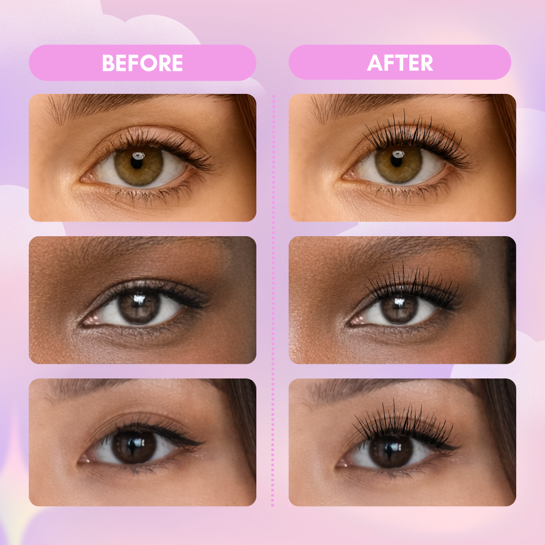 Before and after wearing No Glue Cottonkiss Lashes showing natural eye enhancement