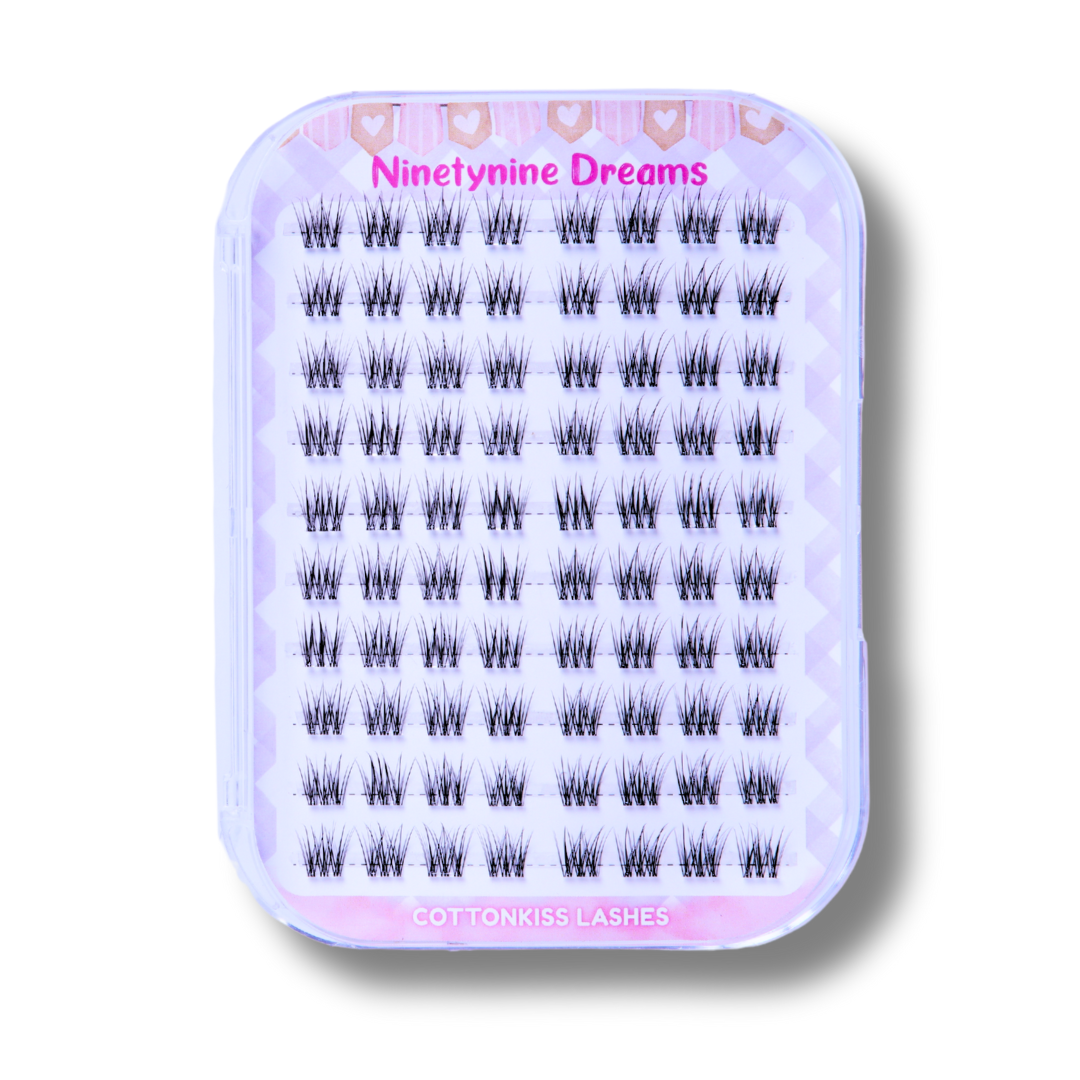 Self-adhesive Cottonkiss lash clusters arranged in tray by Ninetynine Dreams