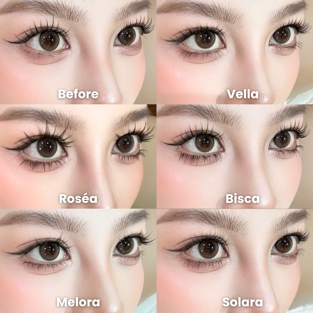 Eye comparison chart displaying the appearance of all six No Glue lower lash styles in the Everglow Bundle