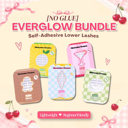 EverGlow No Glue Lower Lashes Bundle overview featuring Solara, Bisca, Melora, Roséa, and Vella lash styles.