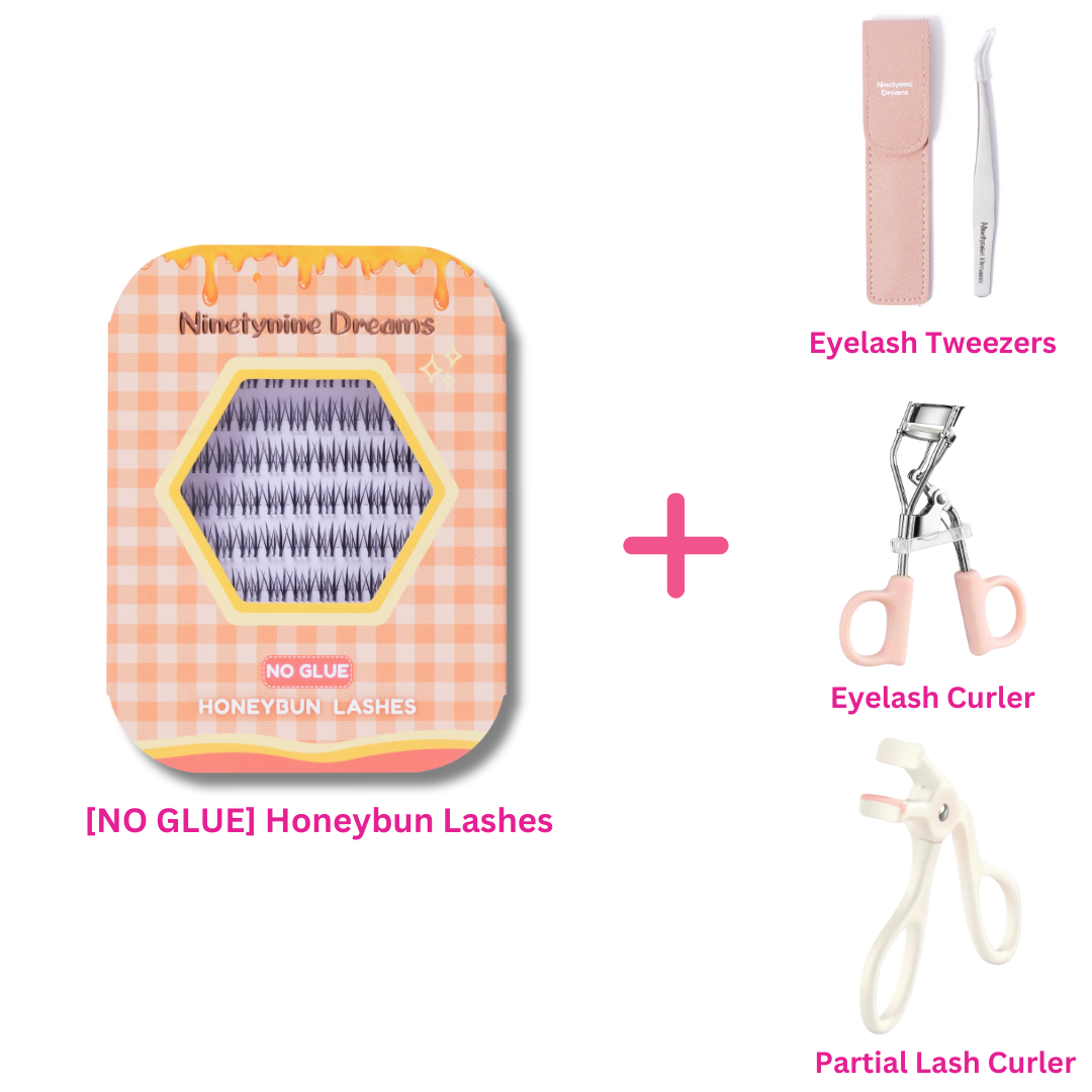 No Glue Honeybun Lashes bundle with lash curler and tweezers
