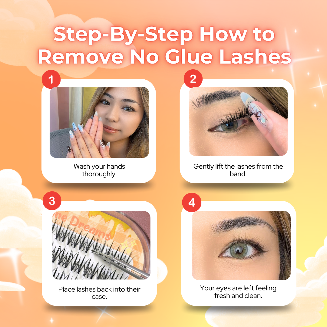 Step-by-step removal tutorial for No Glue Honeybun self-adhesive lashes