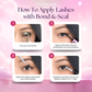 Step-by-step guide showing how to apply Black Bond & Seal with DIY lash clusters underneath natural lashes.