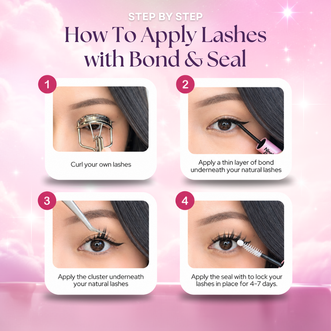 Step-by-step guide showing how to apply Black Bond & Seal with DIY lash clusters underneath natural lashes.