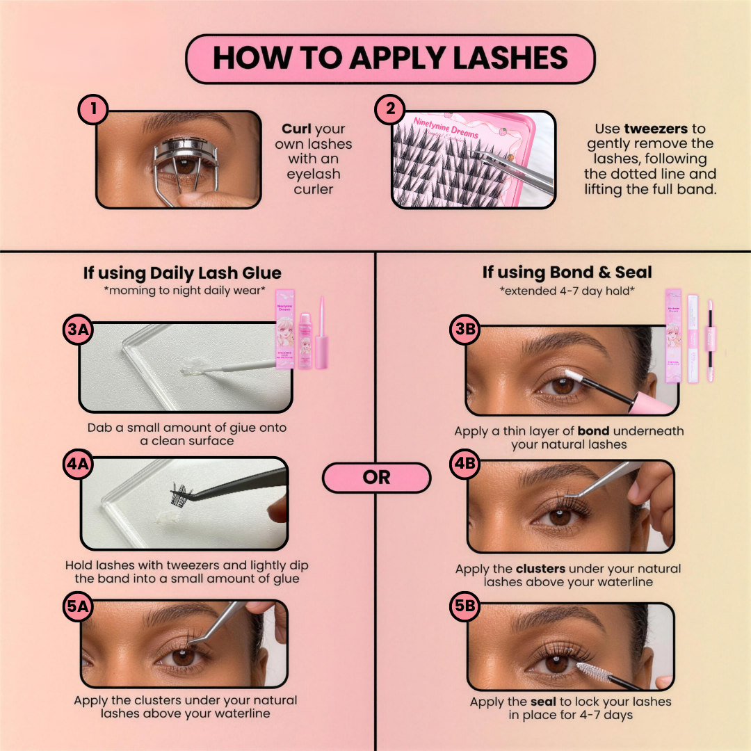Step by step instructions for applying lash clusters using daily lash glue or bond and seal