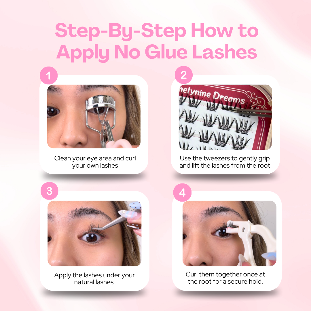 Step-by-step tutorial for applying [NO GLUE] Afterblush self-adhesive cluster lashes.