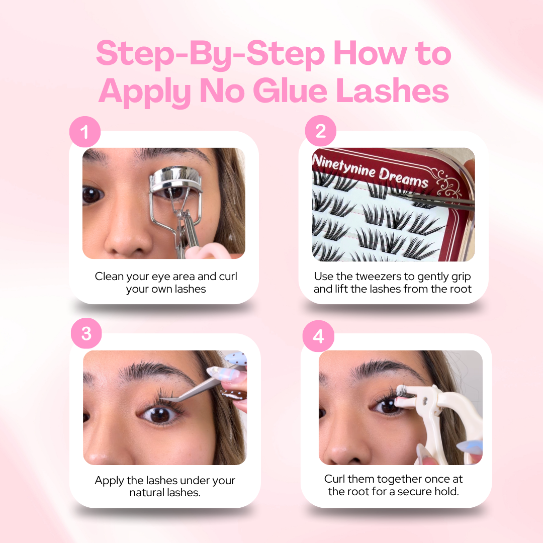 Step-by-step tutorial for applying [NO GLUE] Lovestain self-adhesive cluster lashes.