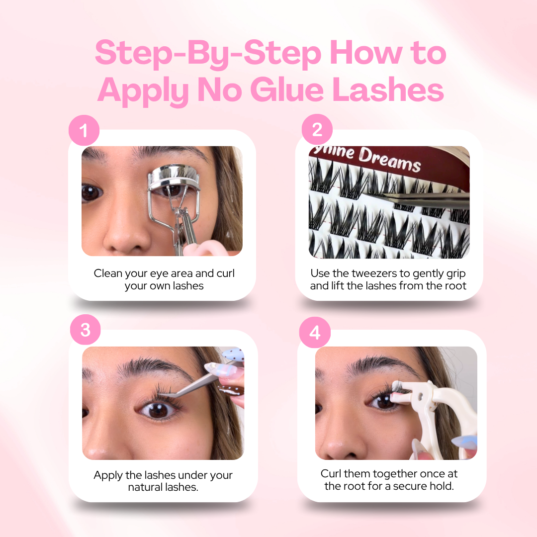 Step-by-step tutorial showing how to apply [NO GLUE] Nightrose self-adhesive cluster lashes.
