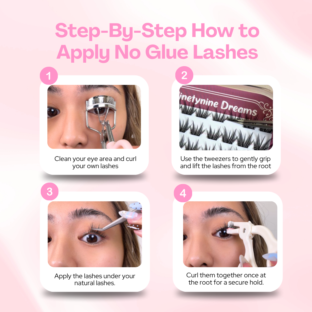 Step-by-step tutorial for applying [NO GLUE] Petaline self-adhesive cluster lashes.