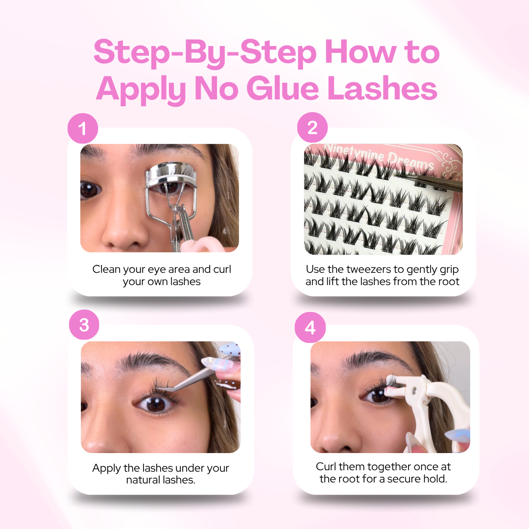 Step-by-step tutorial for applying [NO GLUE] Pinkwhisper self-adhesive cluster lashes.