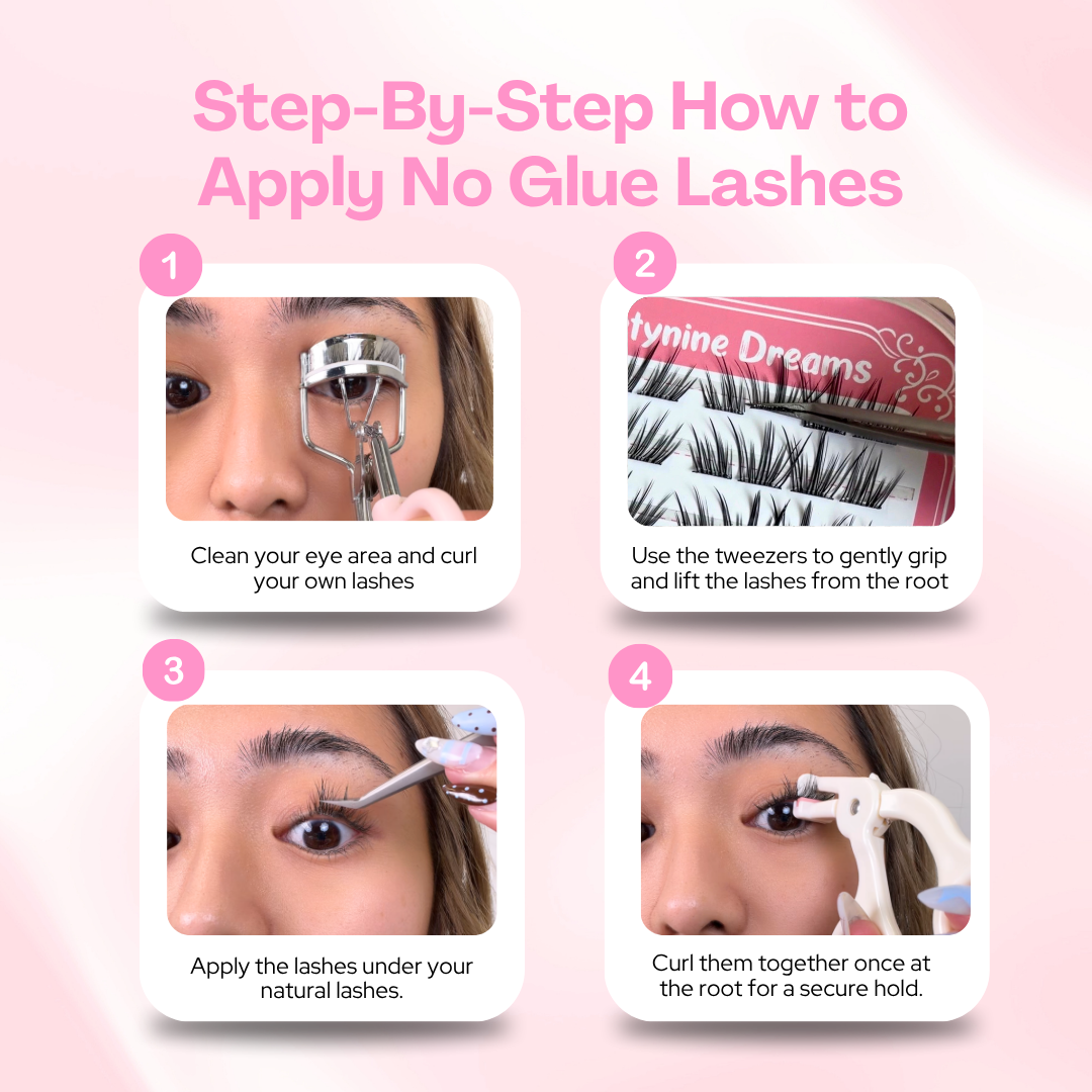 Step-by-step tutorial showing how to apply self-adhesive no glue cluster lashes directly from the tray.