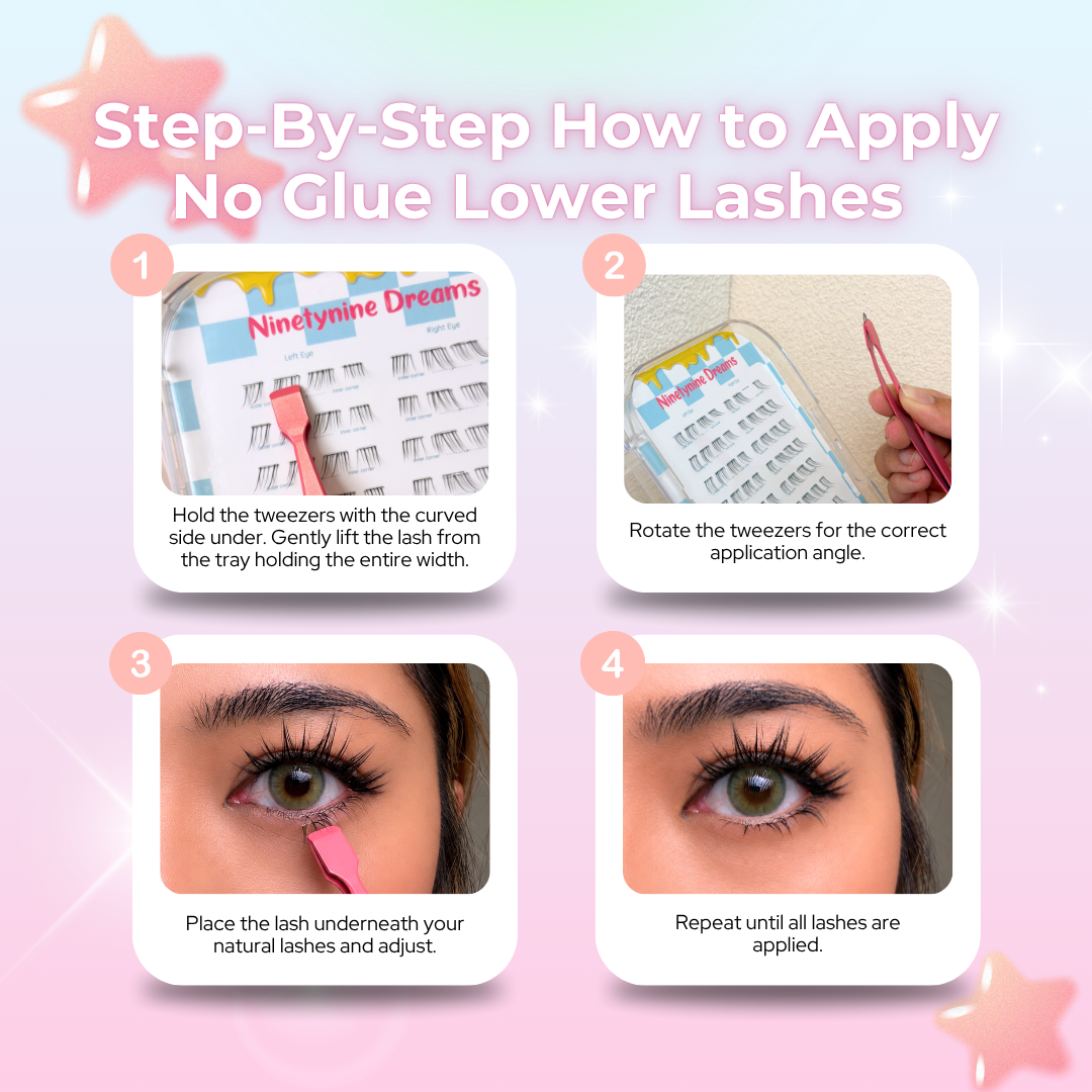 Step-by-step instructions for applying No Glue Vella Lower Lashes
