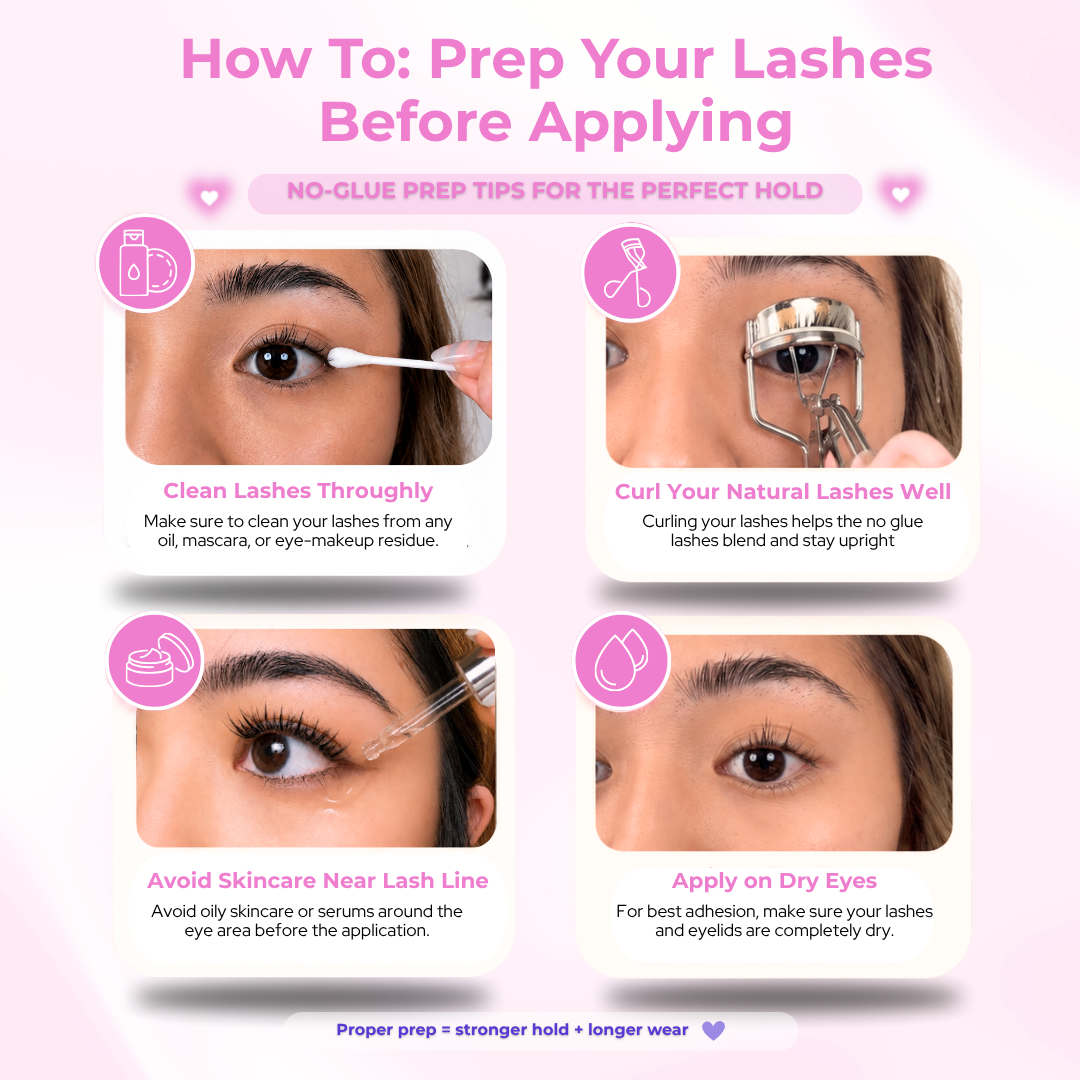 Tutorial showing how to prepare natural lashes before applying self-adhesive no glue cluster lashes.